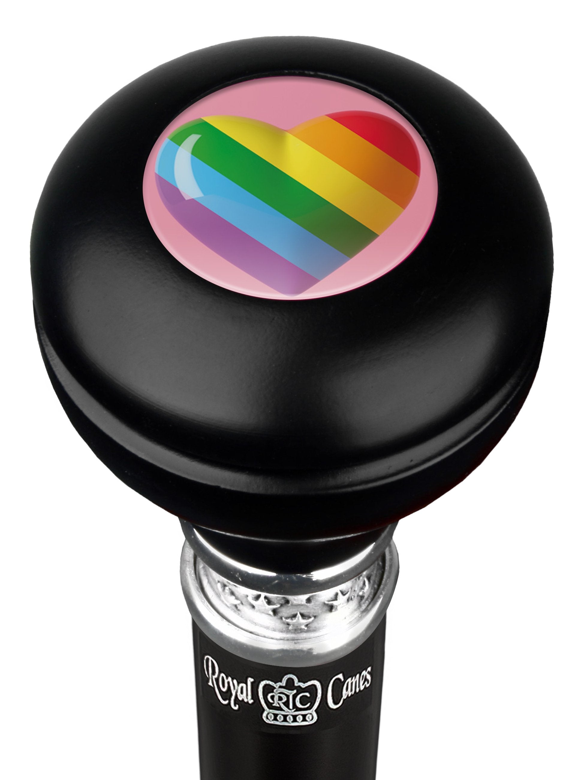 Royal Canes Rainbow Pride Heart Round Knob Walking Stick w/ Black Beechwood Shaft & Pewter Collar