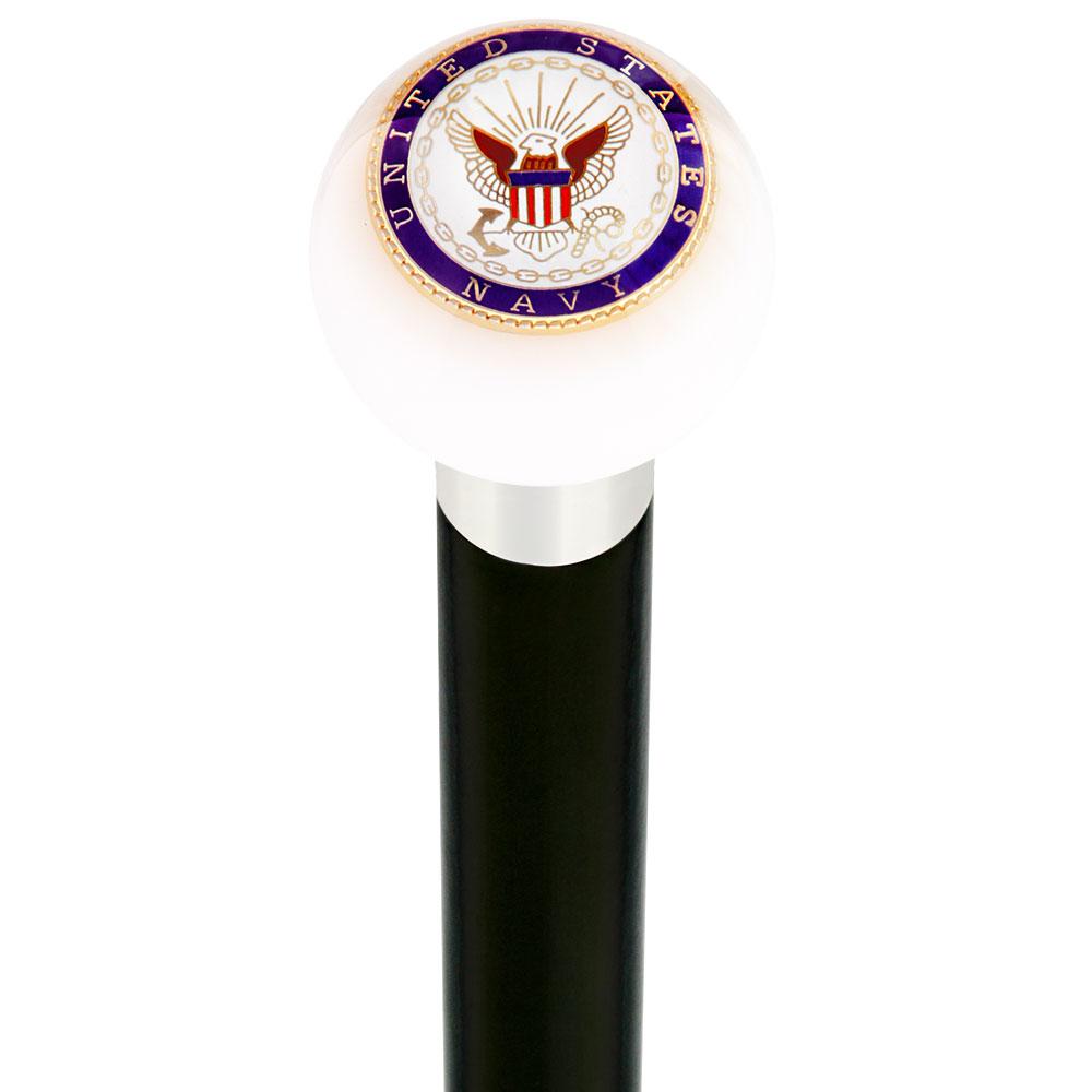 Royal Canes U.S. Navy White Round Knob Cane w/ Custom Wood Shaft & Collar