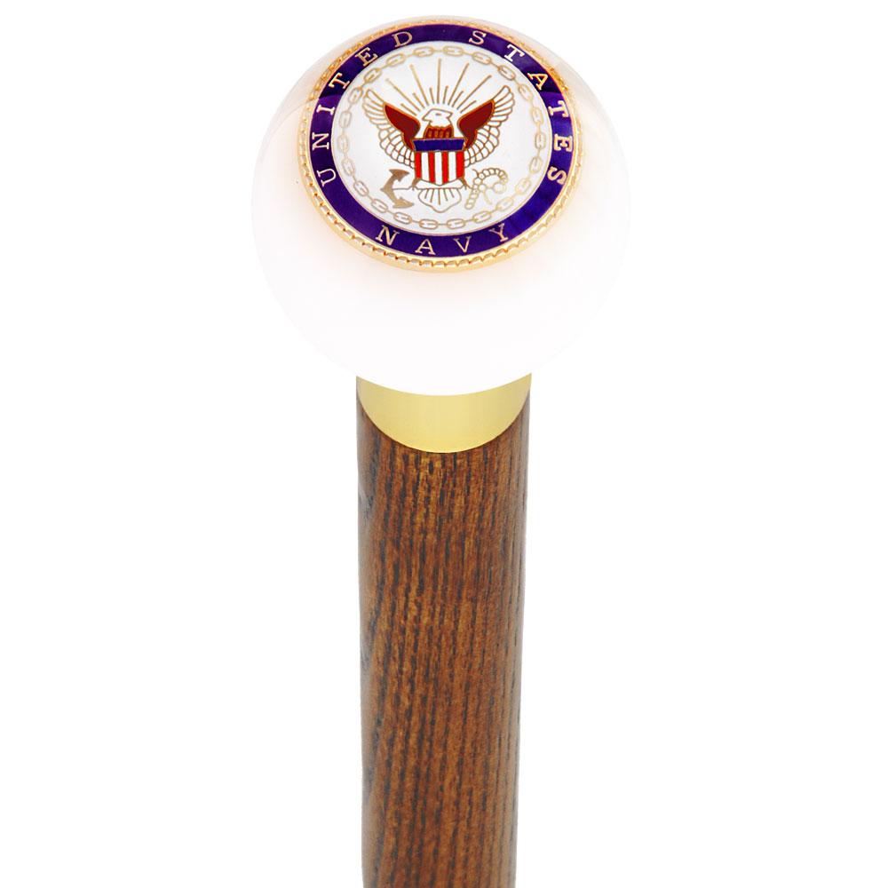 Royal Canes U.S. Navy White Round Knob Cane w/ Custom Wood Shaft & Collar