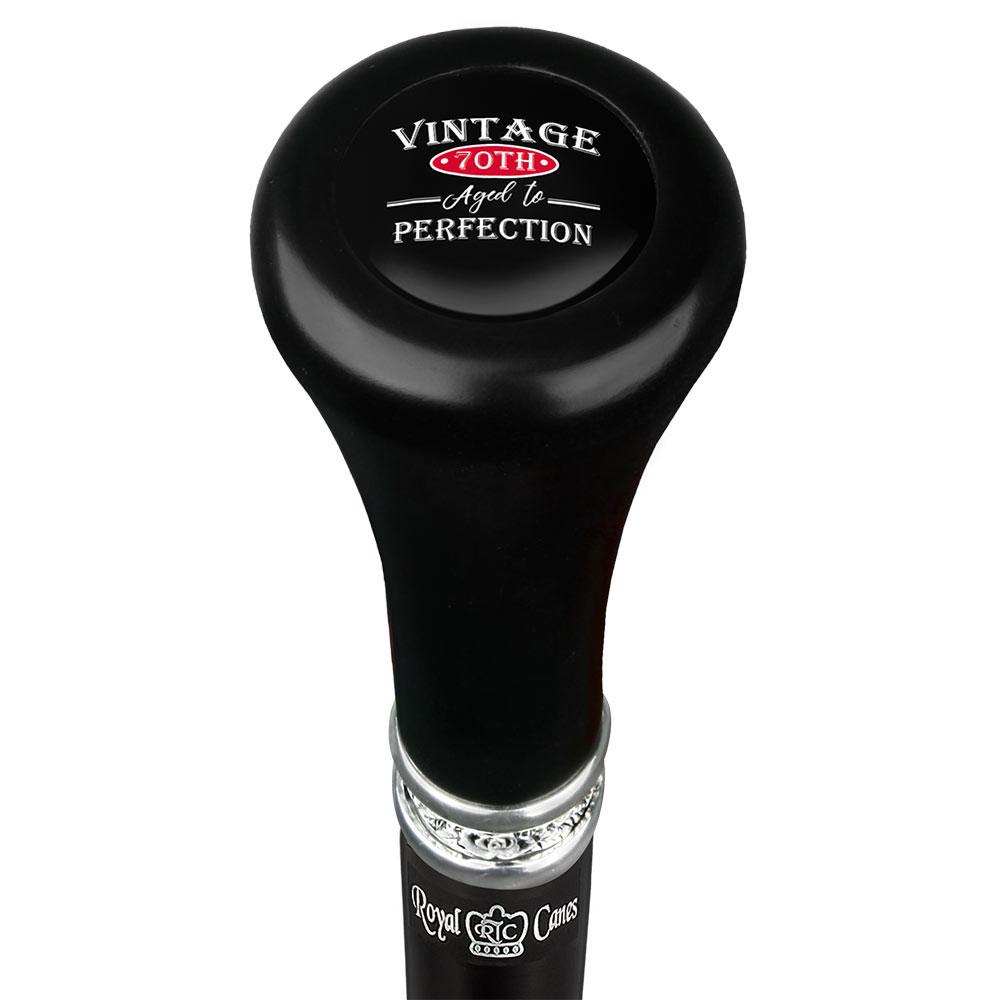 Royal Canes Vintage 70th Birthday Symbol Top Walking Stick w/ Black Beechwood Shaft & Pewter Collar
