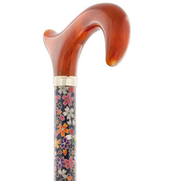 Royal Canes Amber Derby Walking Cane with Confetti Floral Fabric Wrapped Beechwood Shaft and Brass Collar