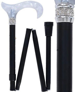 Royal Canes Black and White Pearlz with Rhinestone Collar and Black Designer Adjustable Folding Cane
