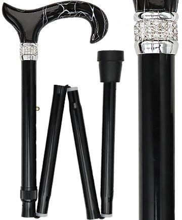 Royal Canes Black Pearlz Folding Adjustable Designer Derby Walking Cane with Rhinestone Collar