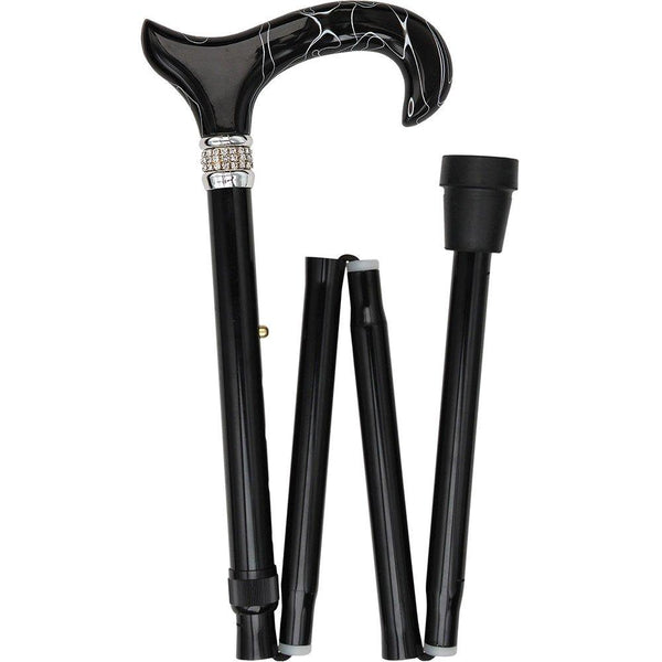 Royal Canes Black Pearlz Folding Adjustable Designer Derby Walking Cane with Rhinestone Collar