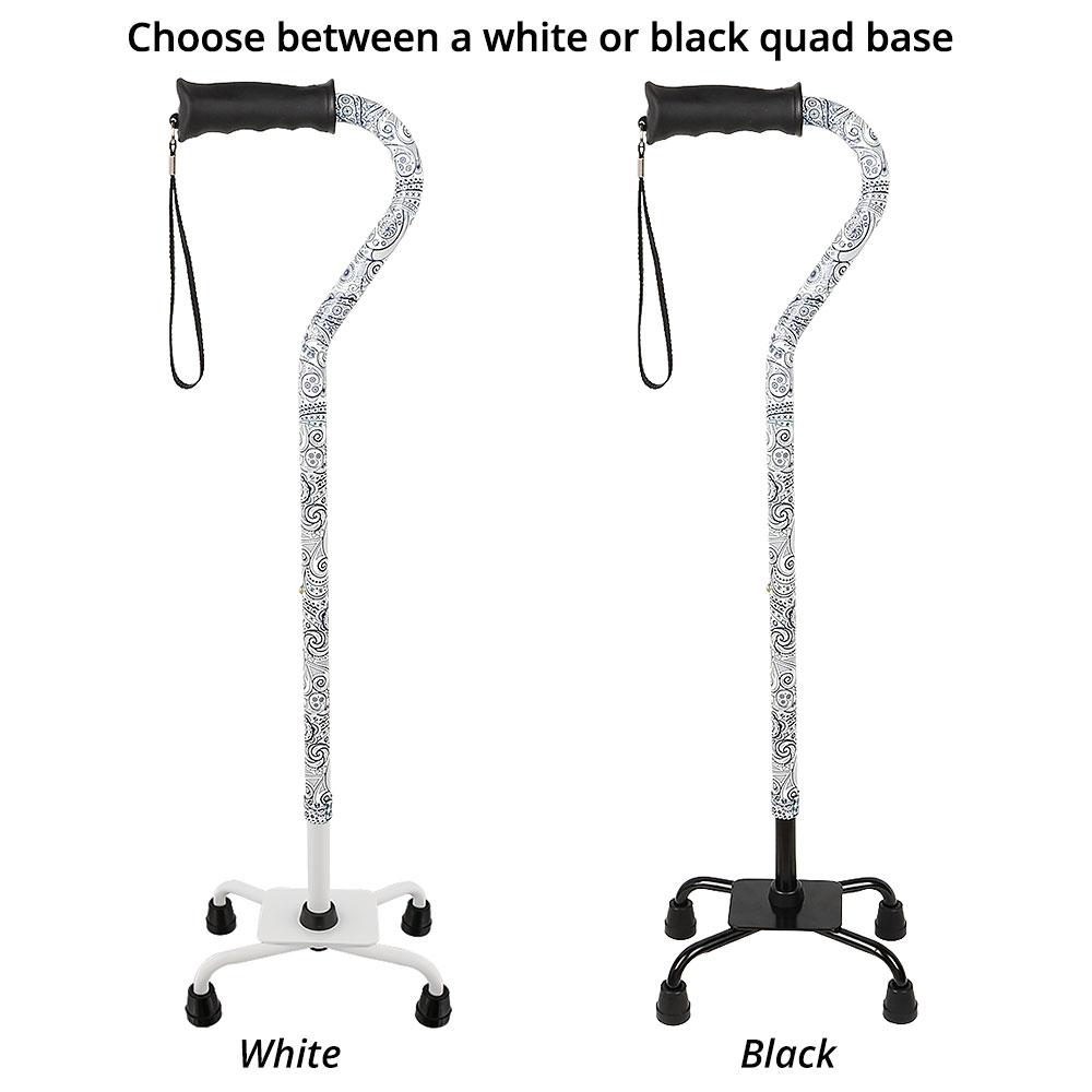 Royal Canes Black and White Convertible Quad Base Walking Cane with Comfort Grip - Adjustable Shaft