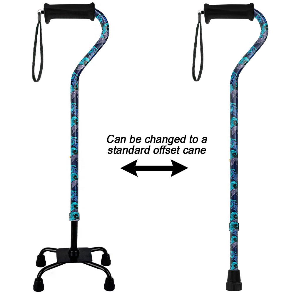 Royal Canes Blue Majestic Waves Aluminum Convertible Quad Base Walking Cane - Adjustable Shaft