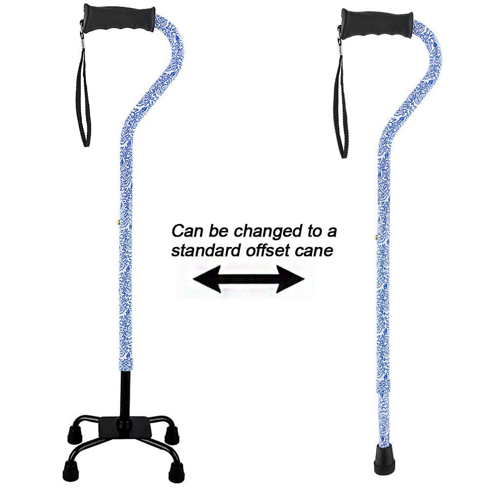 Royal Canes Blue Rain Designer Aluminum Convertible Quad Walking Cane with Comfort Grip - Adjustable Shaft
