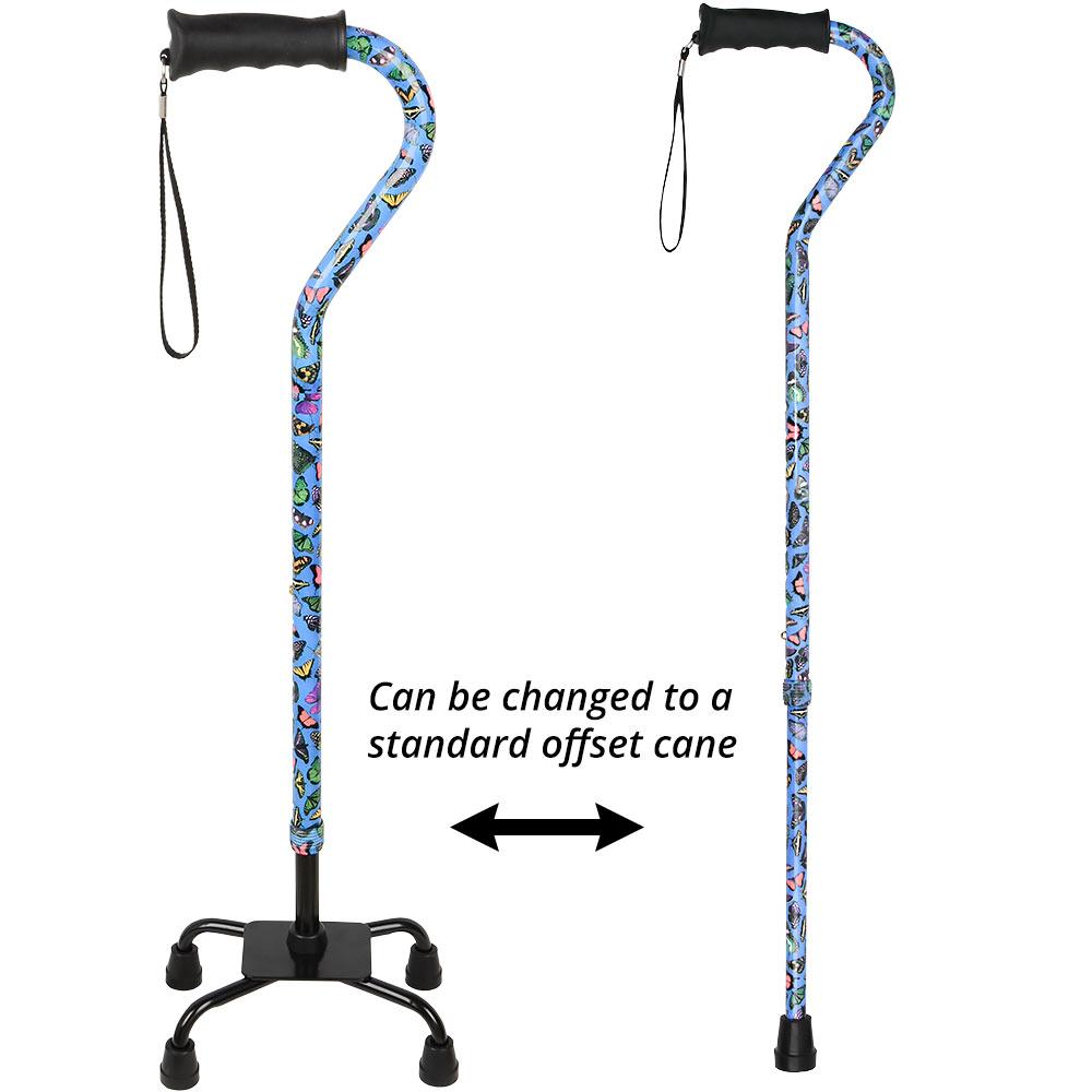 Royal Canes Butterflies Aluminum Convertible Quad Base Walking Cane - Adjustable Shaft