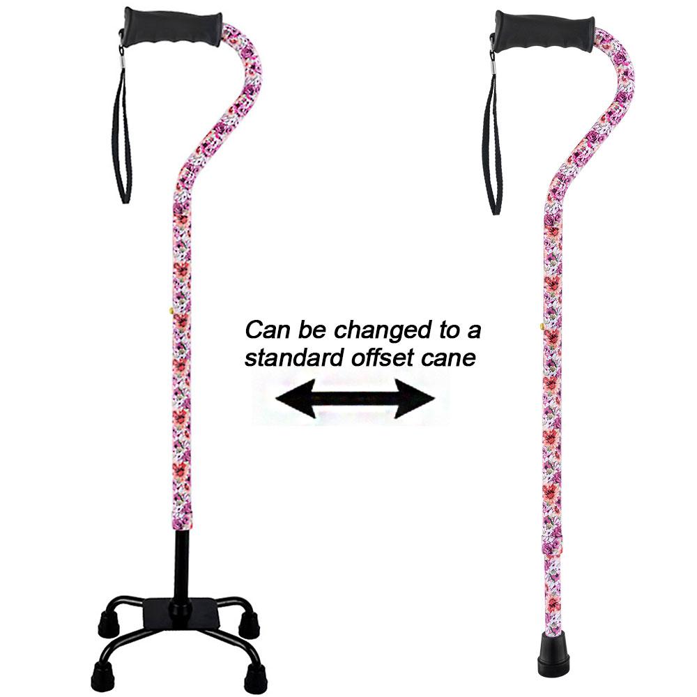 Royal Canes Daisy Meadows Aluminum Convertible Quad Walking Cane with Comfort Grip - Adjustable Shaft