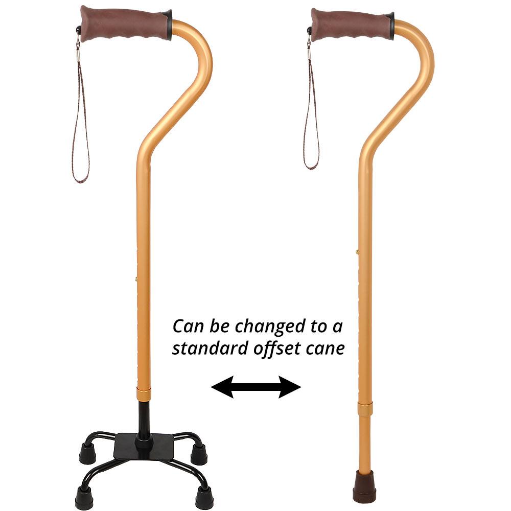 Royal Canes Gold Convertible Quad Base Walking Cane with Comfort Grip - Adjustable Shaft