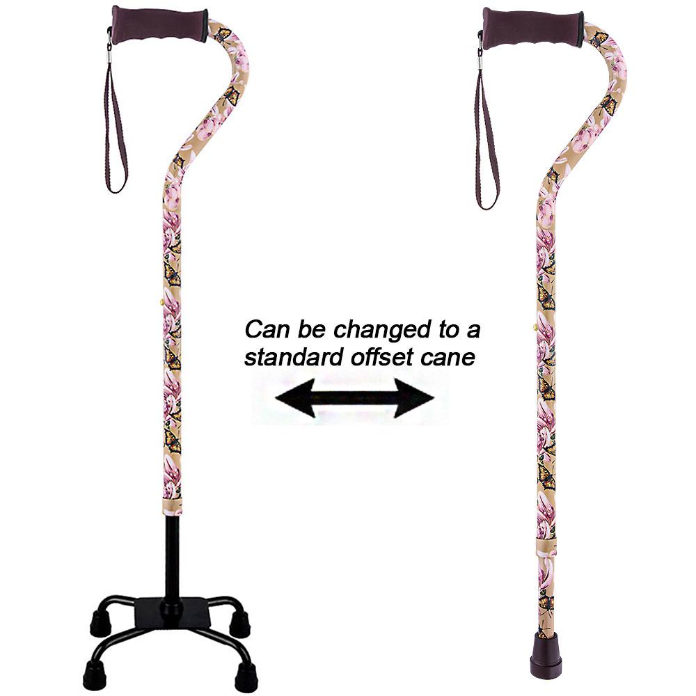 Royal Canes Lily and Butterfly Aluminum Convertible Quad Walking Cane with Comfort Grip - Adjustable Shaft