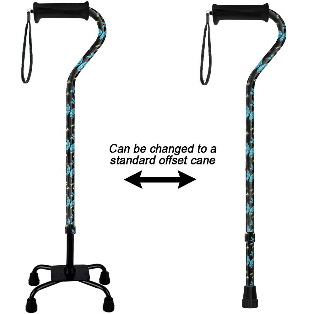 Royal Canes Night of the Butterfly Aluminum Convertible Quad Base Walking Cane - Adjustable Shaft