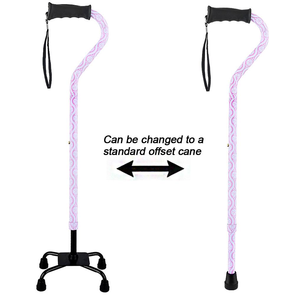 Royal Canes Pink Pastel Rose Aluminum Convertible Quad Walking Cane with Comfort Grip - Adjustable Shaft