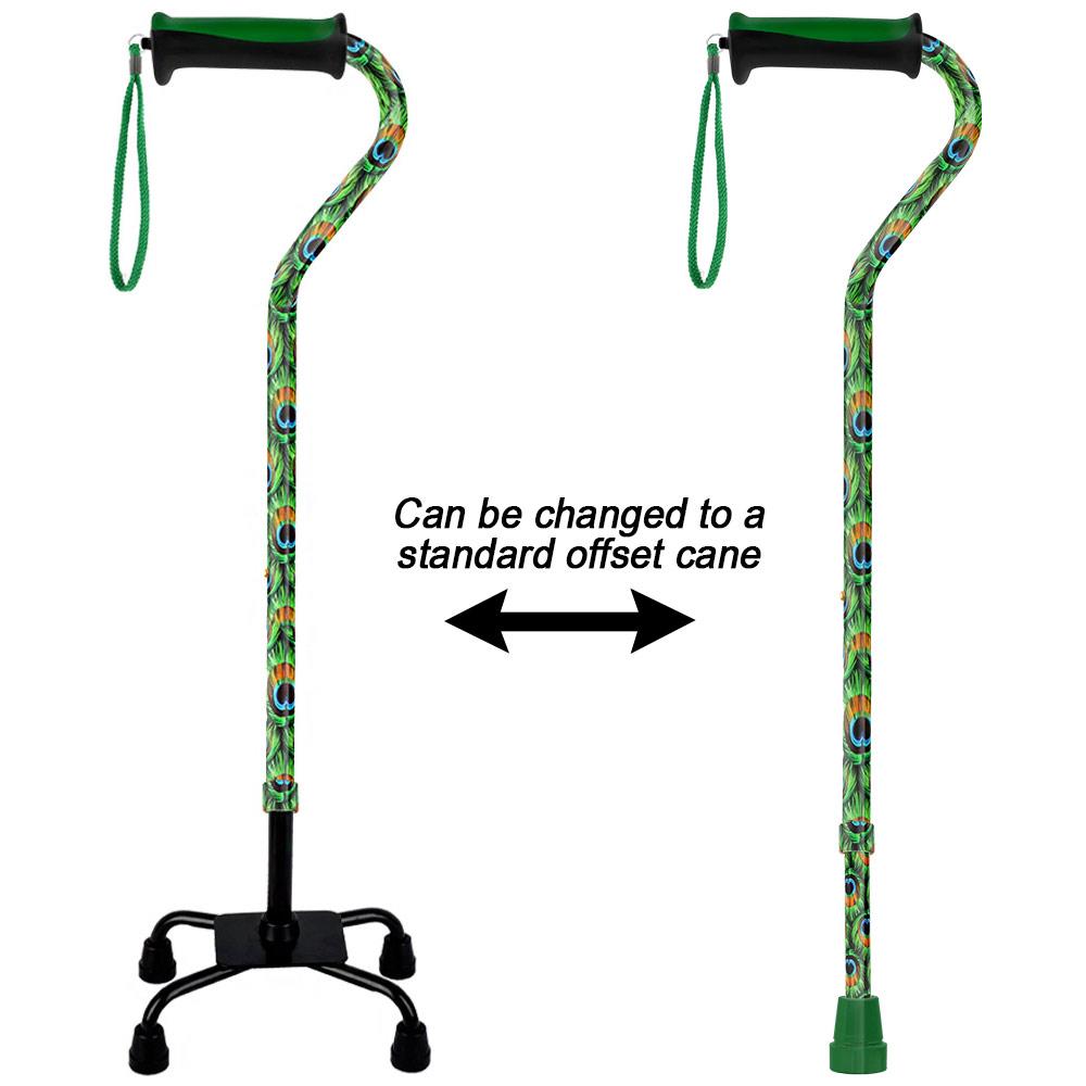 Royal Canes Pretty Peacock Aluminum Convertible Quad Base Walking Cane - Adjustable Shaft