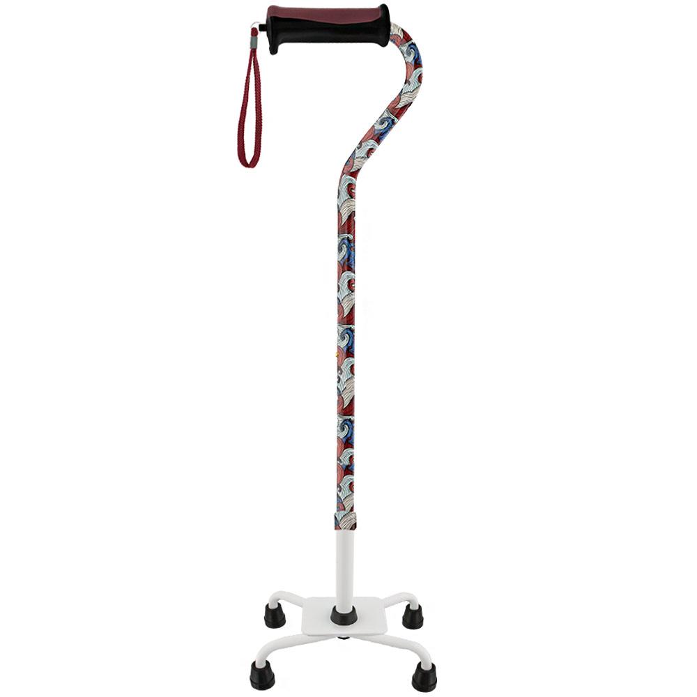 Royal Canes Red Majestic Waves Aluminum Convertible Quad Base Walking Cane - Adjustable Shaft