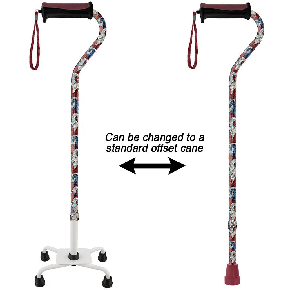 Royal Canes Red Majestic Waves Aluminum Convertible Quad Base Walking Cane - Adjustable Shaft