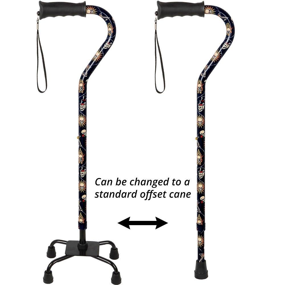Royal Canes Skull and Snakes Convertible Quad Base Walking Cane with Comfort Grip - Adjustable Shaft