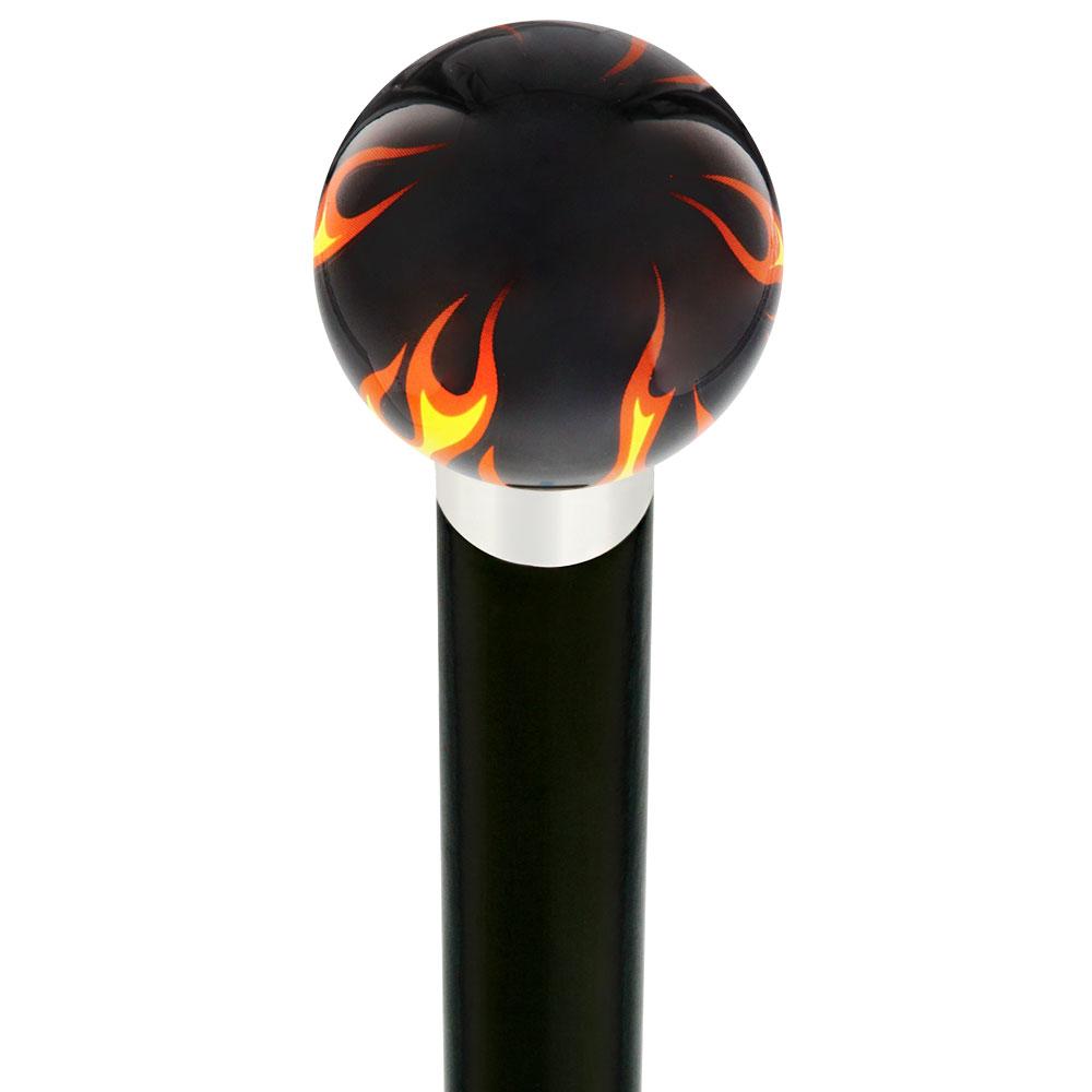 Royal Canes Burst of Flames Black Round Knob Cane w/ Custom Wood Shaft & Collar
