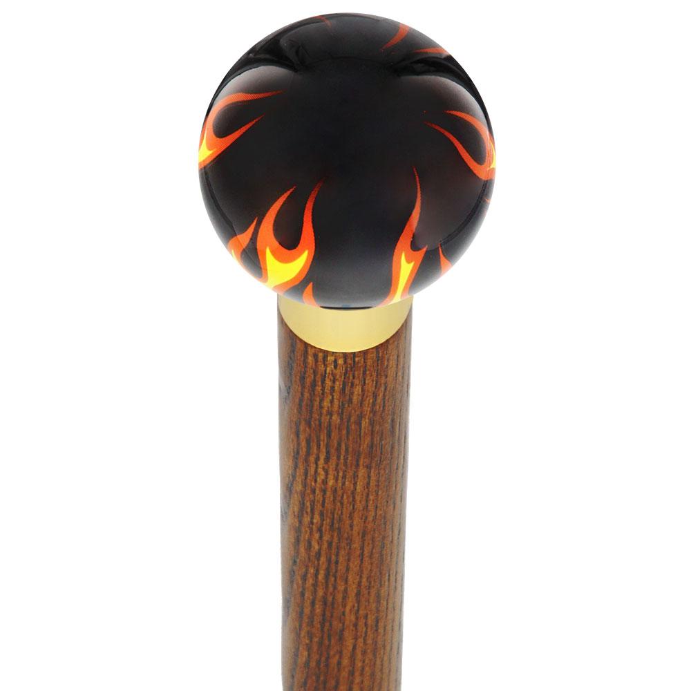 Royal Canes Burst of Flames Black Round Knob Cane w/ Custom Wood Shaft & Collar