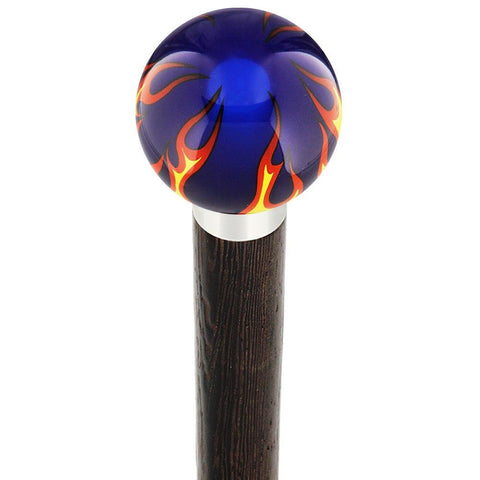 Royal Canes Burst of Flames Blue Transparent Round Knob Cane w/ Custom Wood Shaft & Collar