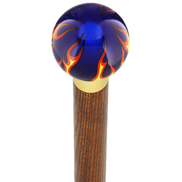Royal Canes Burst of Flames Blue Transparent Round Knob Cane w/ Custom Wood Shaft & Collar