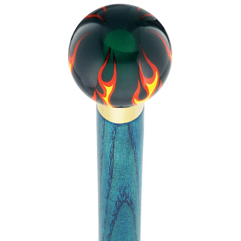Royal Canes Burst of Flames Green Transparent Round Knob Cane w/ Custom Color Ash Shaft & Collar
