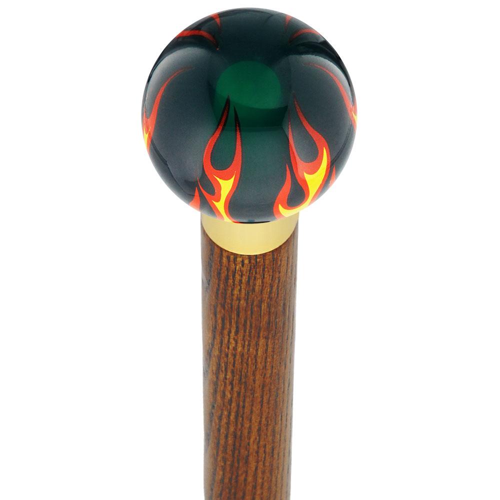 Cane Green Color Fiery Burst of Flames Green Transparent Round Knob Cane with Custom ...