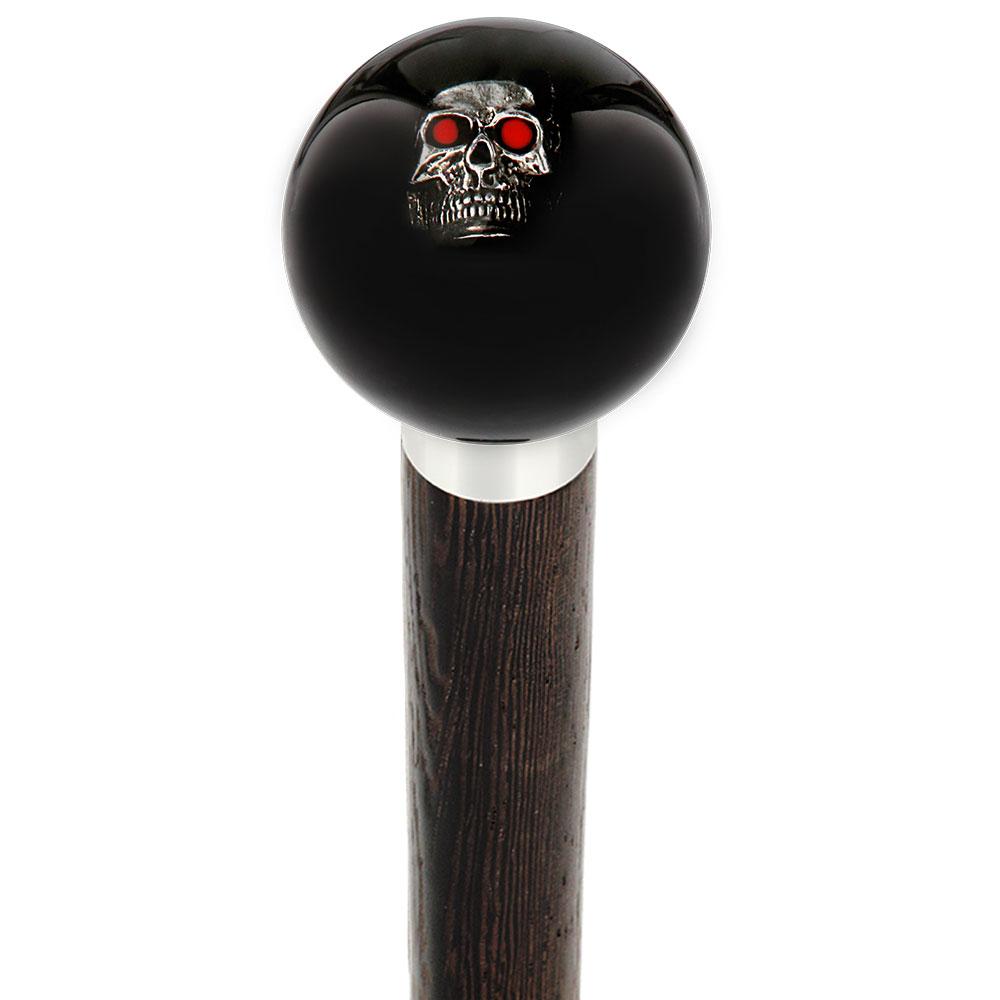 Royal Canes Dreary Red Eyed Skull Black Round Knob Cane w/ Custom Wood Shaft & Collar