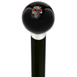 Royal Canes Dreary Red Eyed Skull Black Round Knob Cane w/ Custom Wood Shaft & Collar