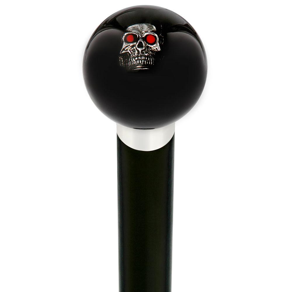 Royal Canes Dreary Red Eyed Skull Black Round Knob Cane w/ Custom Wood Shaft & Collar