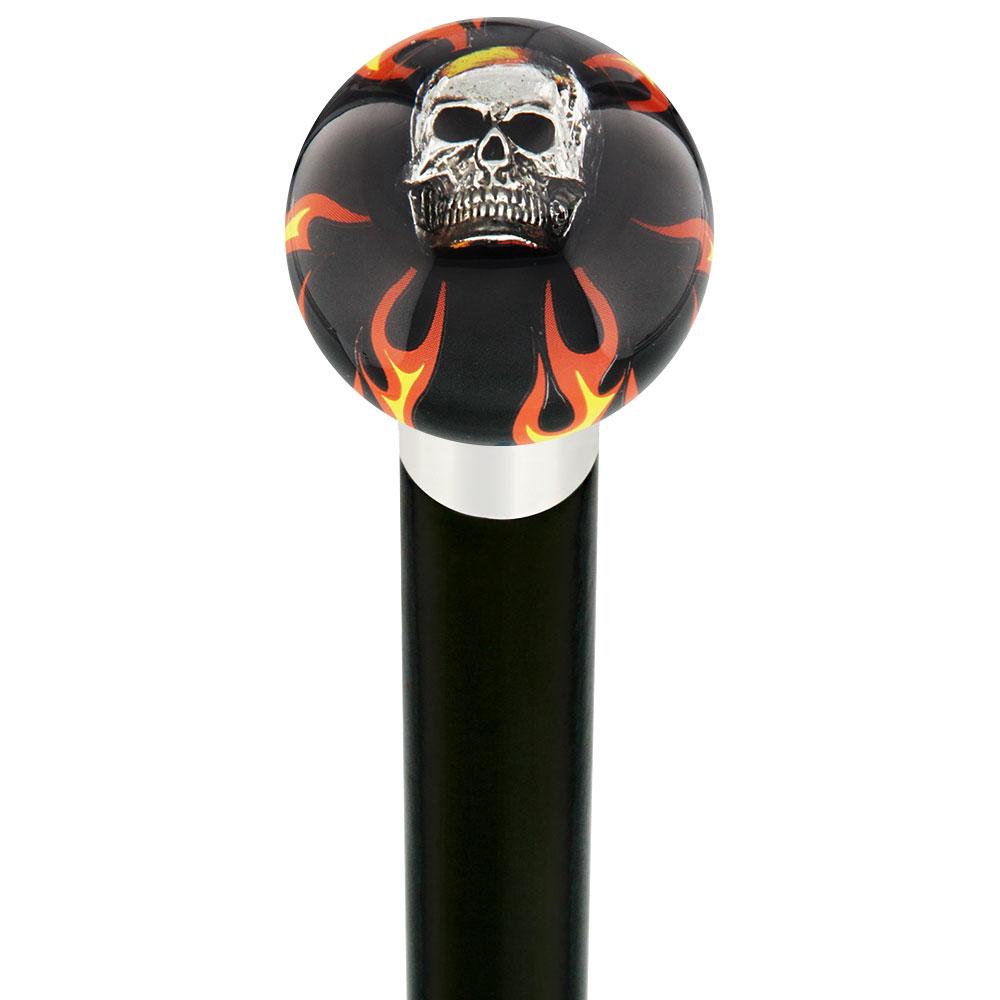 Royal Canes Fire & Brimstone Skull Black Round Knob Cane w/ Custom Wood Shaft & Collar