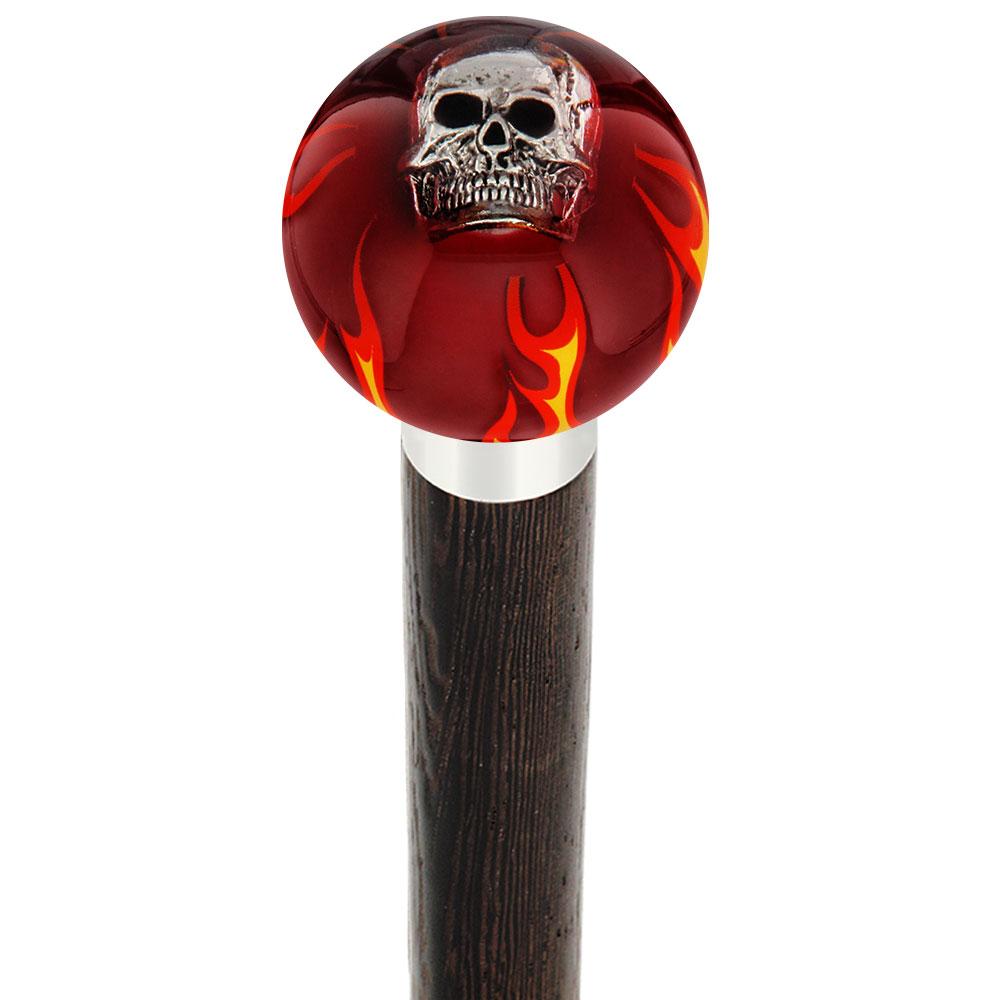 Royal Canes Fire & Brimstone Skull Red Round Knob Cane w/ Custom Wood Shaft & Collar