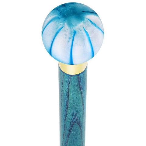 Royal Canes Splash of Blue on Pearl Round Knob Cane w/ Custom Color Ash Shaft & Collar