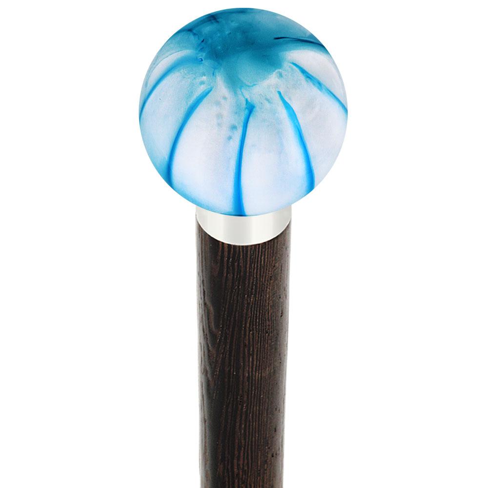 Royal Canes Splash of Blue on Pearl Round Knob Cane w/ Custom Wood Shaft & Collar