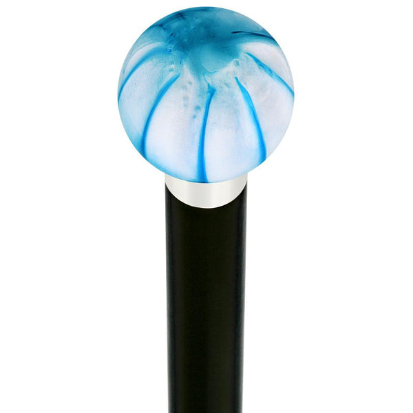 Royal Canes Splash of Blue on Pearl Round Knob Cane w/ Custom Wood Shaft & Collar