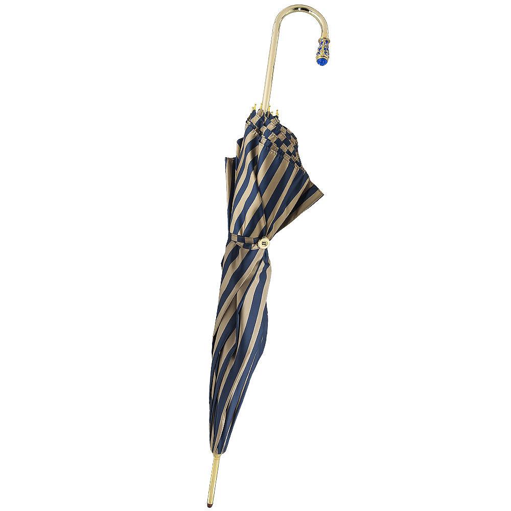 Royal Canes Gold Plated Tourist Handle Blue and Cream Striped Umbrella Cane