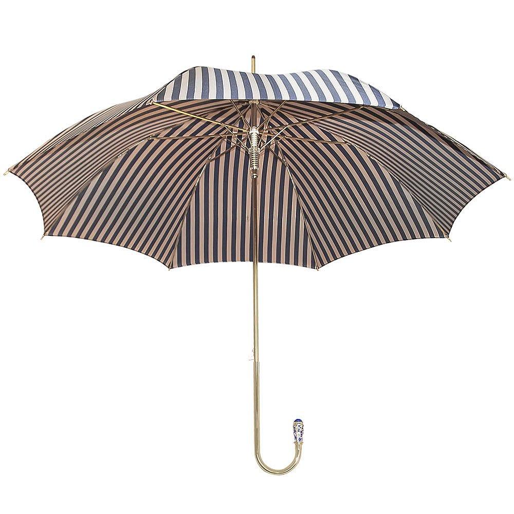 Royal Canes Gold Plated Tourist Handle Blue and Cream Striped Umbrella Cane