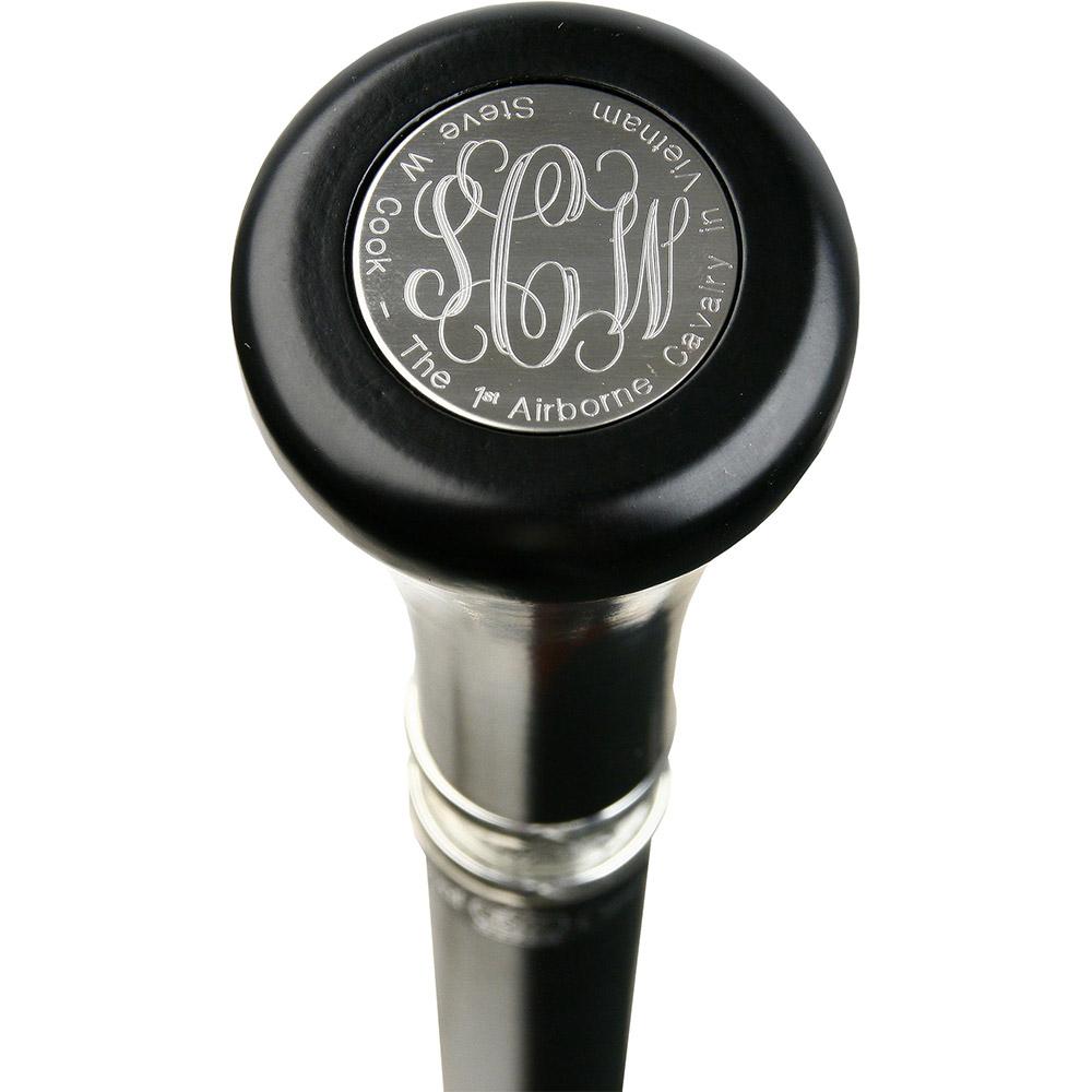 Royal Canes Stainless Steel Flat-Top Knob-Handle Cane with Custom Engraving and Black Wooden Shaft