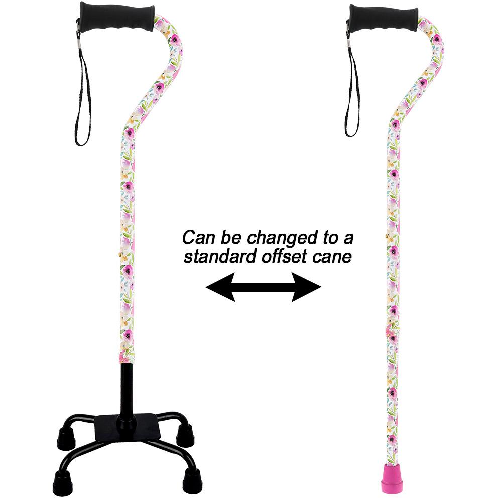 Royal Canes Watercolor Flowers Vivienne May Convertible Quad Base Walking Cane with Comfort Grip - Adjustable Sh