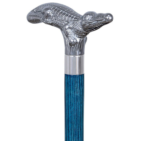 Royal Canes Chrome Plated Alligator Handle Walking Cane w/ Custom Color Stained Ash Shaft & Collar